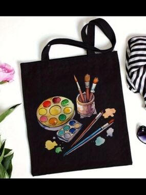 Black Canvas Tote with Colorful Watercolor Palette Print